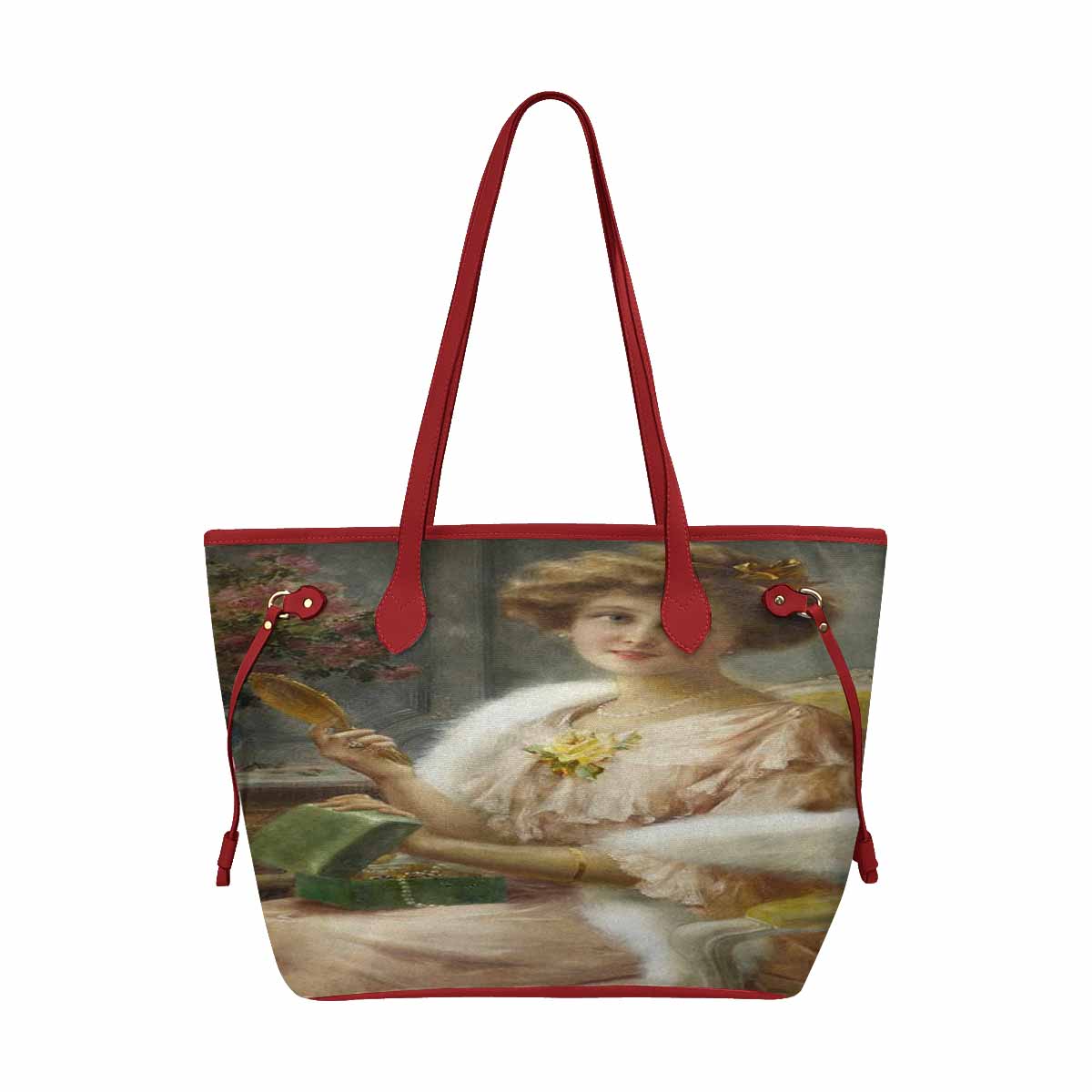 Victorian Lady Design Handbag, Model 1695361, A Young Lady With A Mirror, RED TRIM