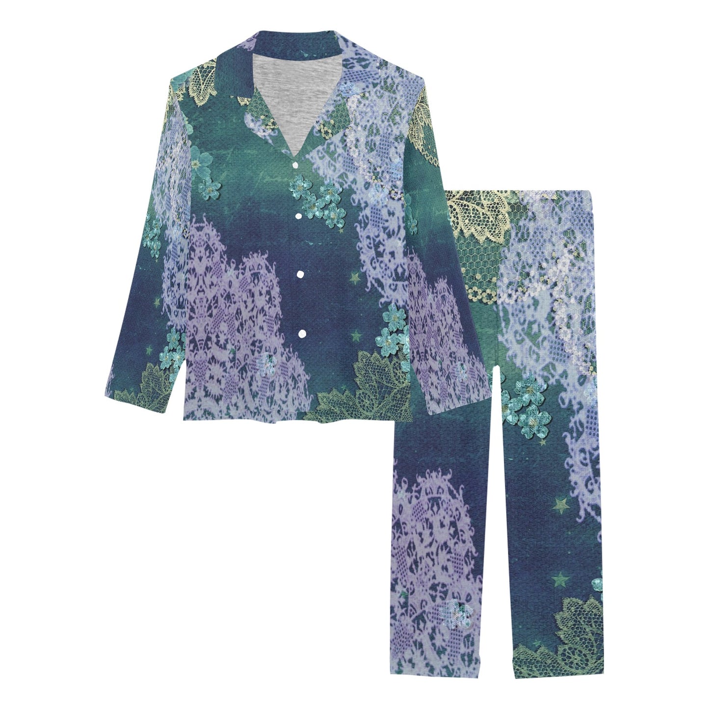 Victorian printed lace pajama set, design 05 Women's Long Pajama Set (Sets 02)