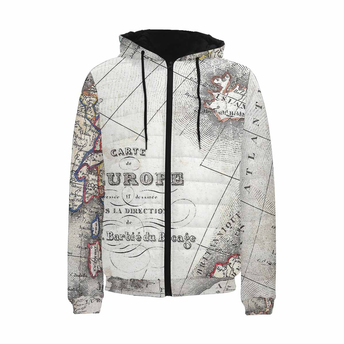 Antique Map design, mens lightweight, warm, quilted hooded bomber jacket, design, 36