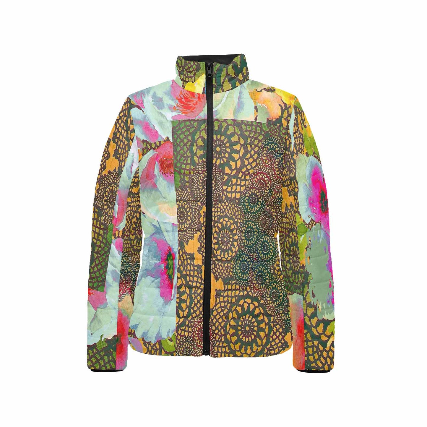 Victorian Lace print womens padded quilted jacket, design 15