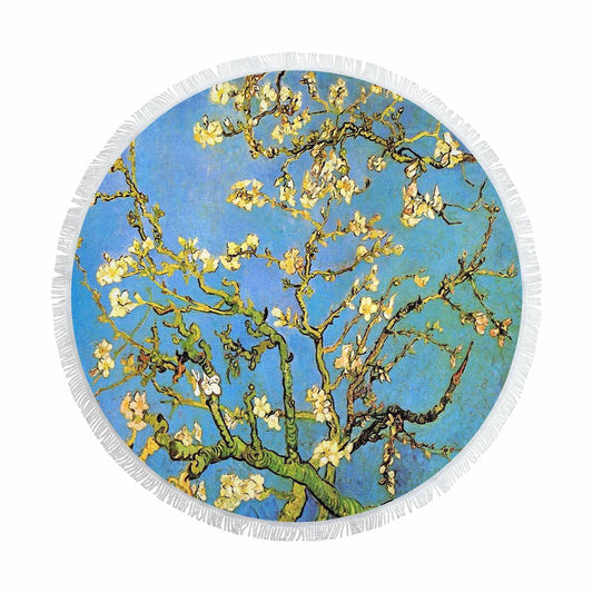 Vintage Floral circular plush beach towel, fringe edges, Design 20