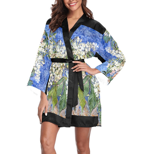Vintage Floral Kimono Robe, Black or White Trim, Sizes XS to 2XL, Design 04
