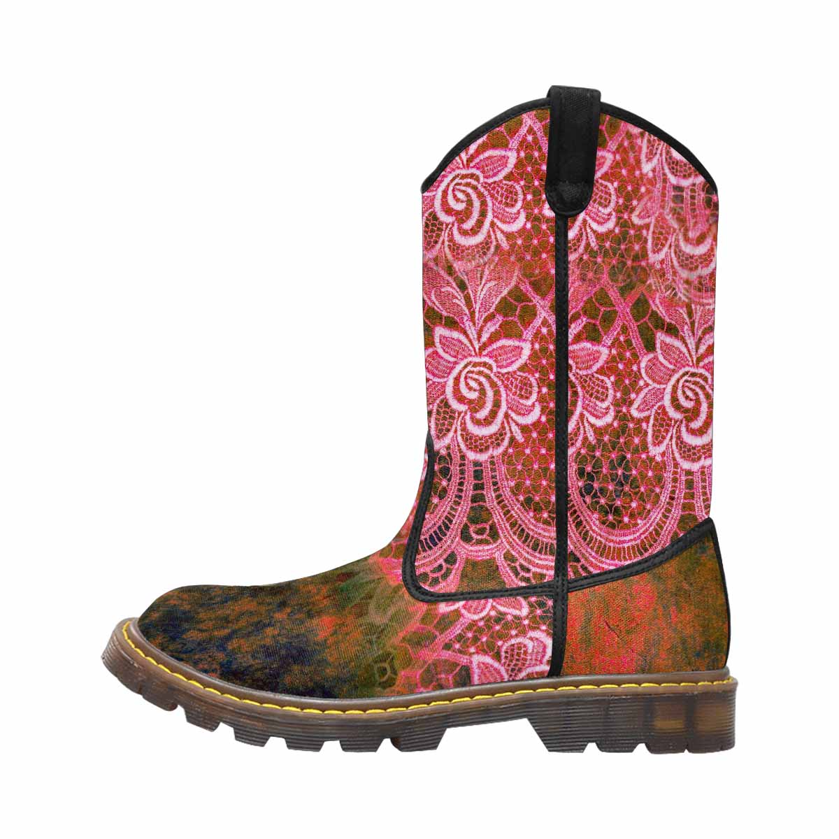Victorian lace print, western lumber boots, design 32