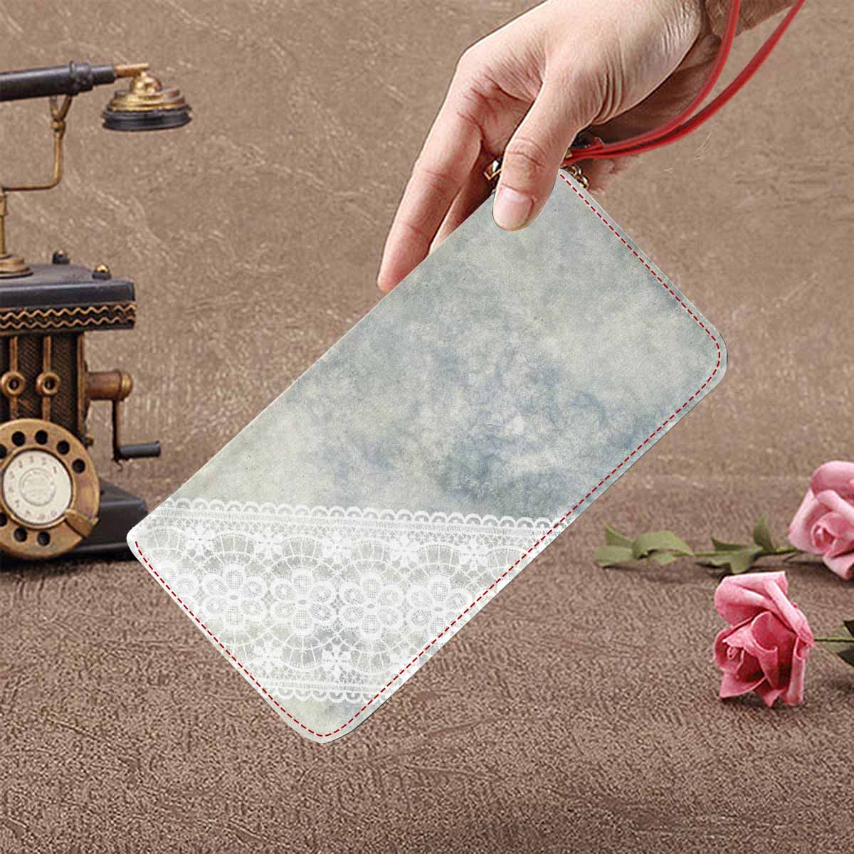 Victorian lace print womens wallet, clutch purse, red trim, design 36