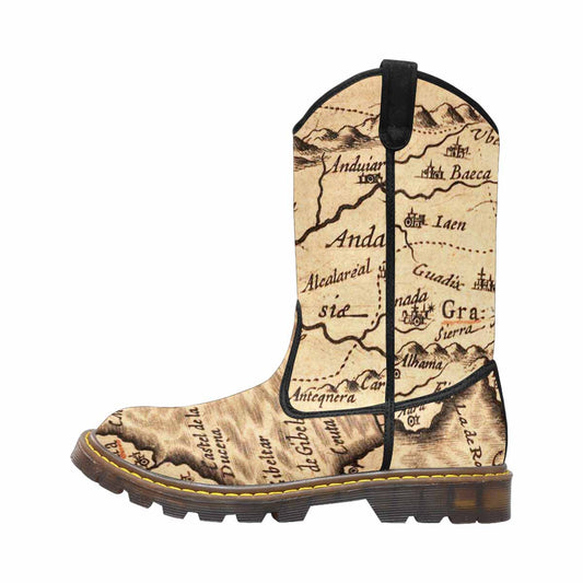 Antique Map design mens western lumber boots, Design 25