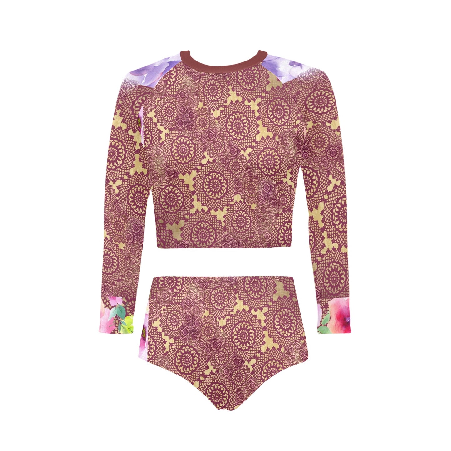 Victorian printed lace, long sleeve 2pc swimsuit, beachwear, design 13 Long Sleeve Bikini Set (Model S27)