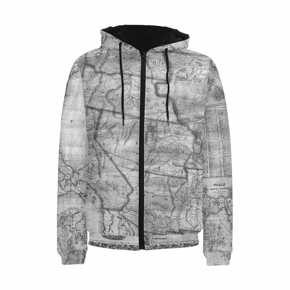 Antique Map design, mens lightweight, warm, quilted hooded bomber jacket, design, 26
