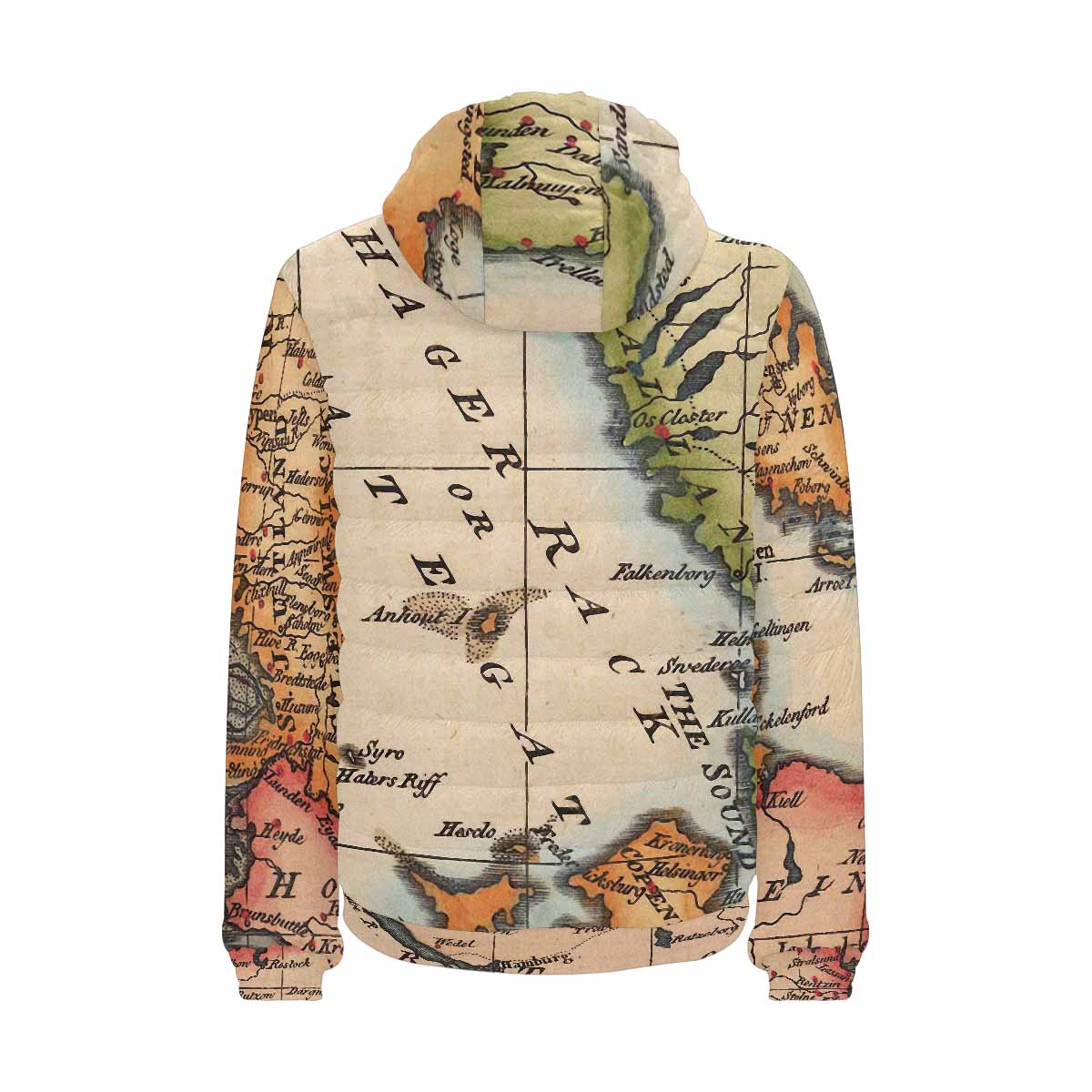 Antique Map design, mens lightweight, warm, quilted hooded bomber jacket, design, 34