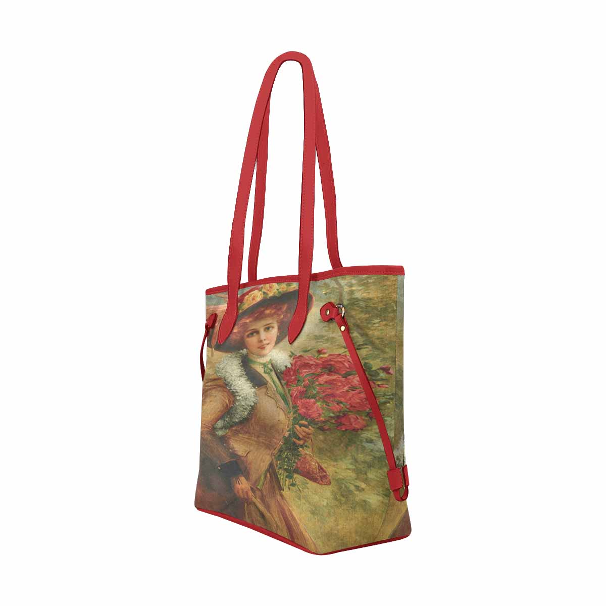 Victorian Lady Design Handbag, Model 1695361, Elegant Lady With A Bouquet of Roses, RED TRIM