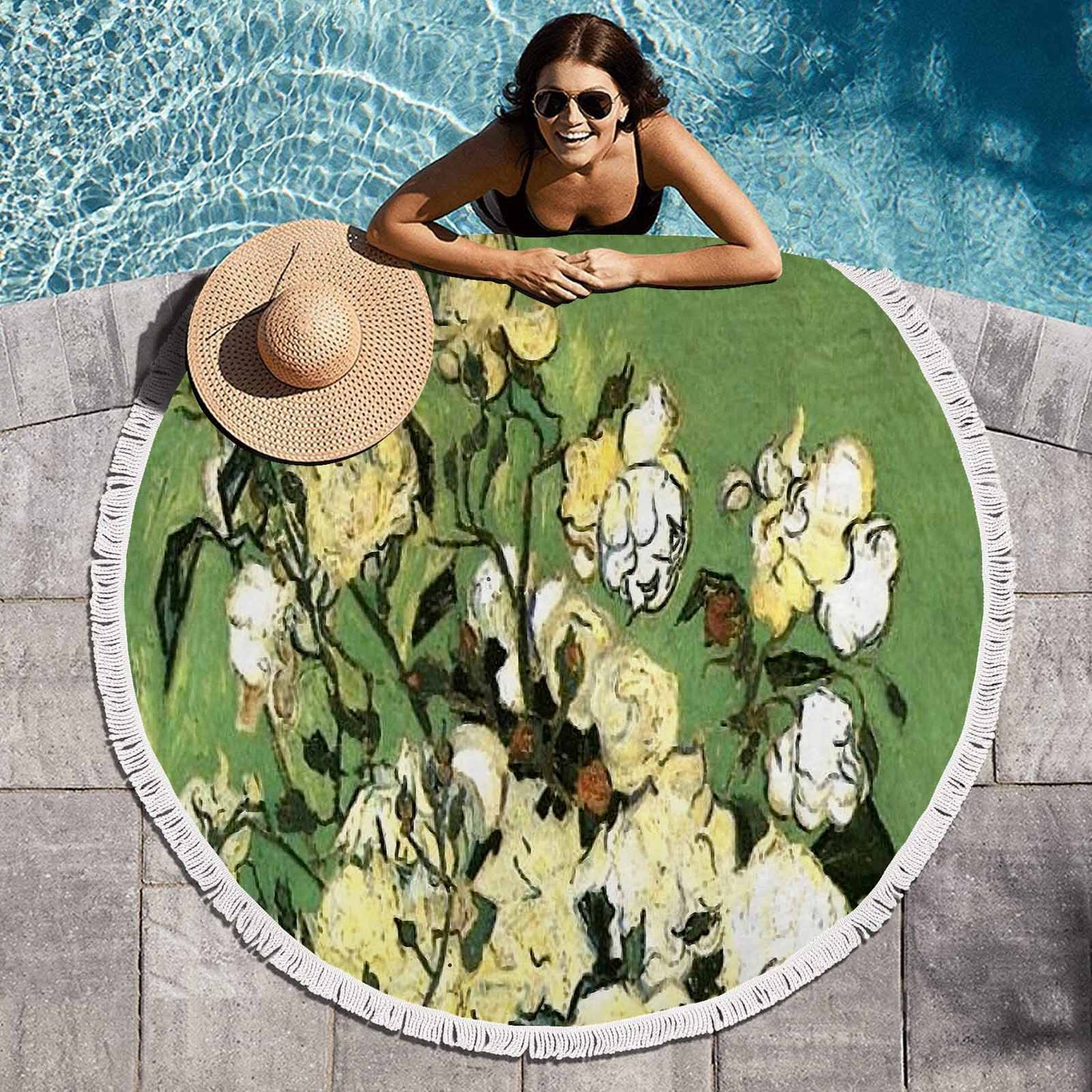 Vintage Floral circular plush beach towel, fringe edges, Design 55