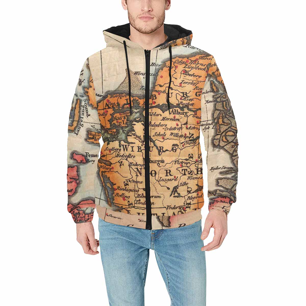 Antique Map design, mens lightweight, warm, quilted hooded bomber jacket, design, 34