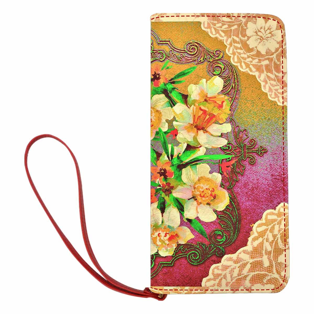 Victorian lace print womens wallet, clutch purse, red trim, design 48