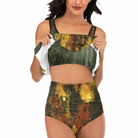 Vintage floral high waisted flounce top bikini, swim wear, Design 28