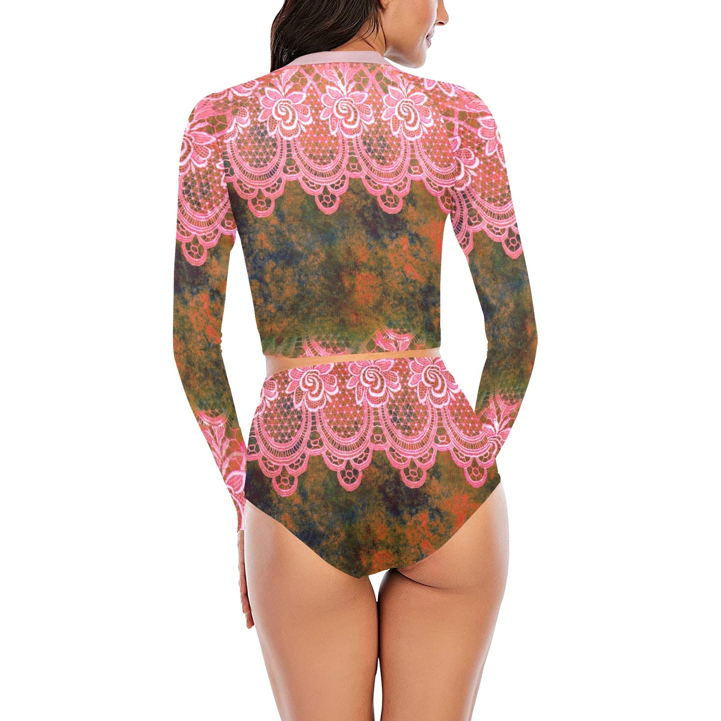 Victorian printed lace, long sleeve 2pc swimsuit, beachwear, design 32 Long Sleeve Bikini Set (Model S27)