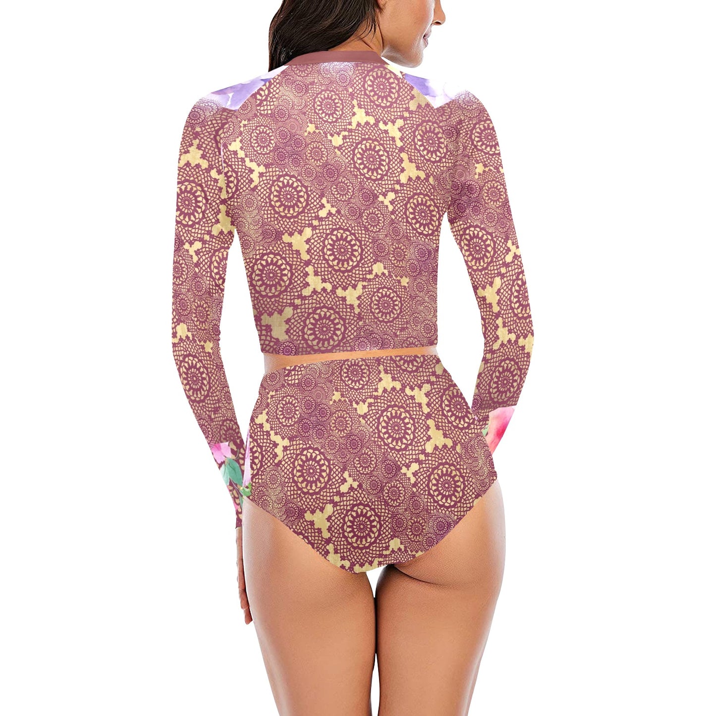 Victorian printed lace, long sleeve 2pc swimsuit, beachwear, design 13 Long Sleeve Bikini Set (Model S27)
