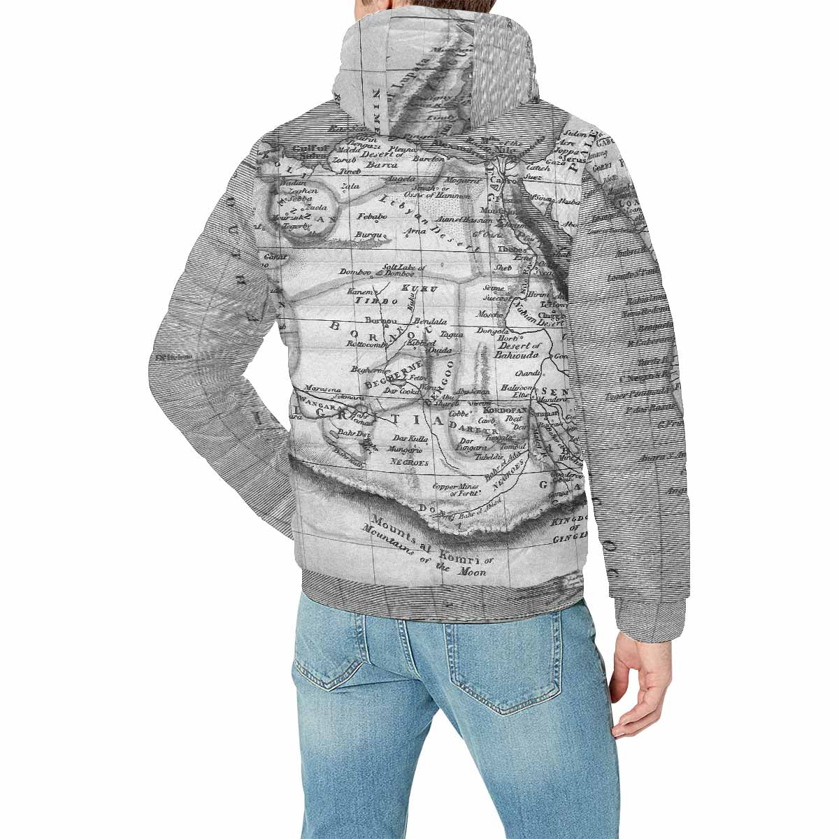 Antique Map design, mens lightweight, warm, quilted hooded bomber jacket, design, 2