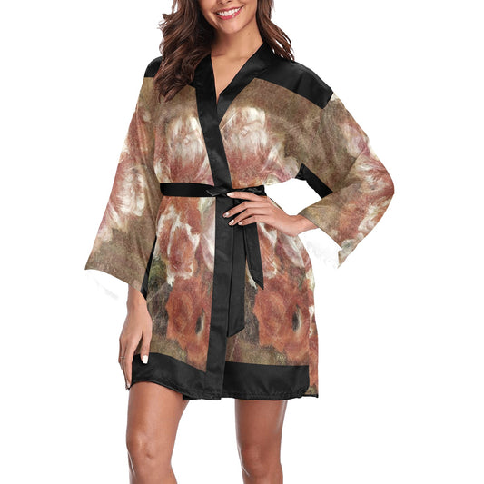 Vintage Floral Kimono Robe, Black or White Trim, Sizes XS to 2XL, Design 15