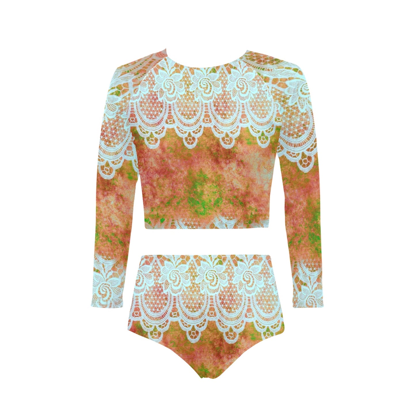 Victorian printed lace, long sleeve 2pc swimsuit, beachwear, design 31 Long Sleeve Bikini Set (Model S27)