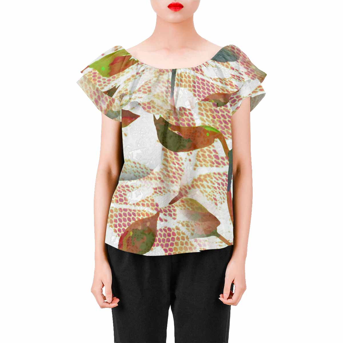 Victorian Lace print Chiffon Blouse, design 52