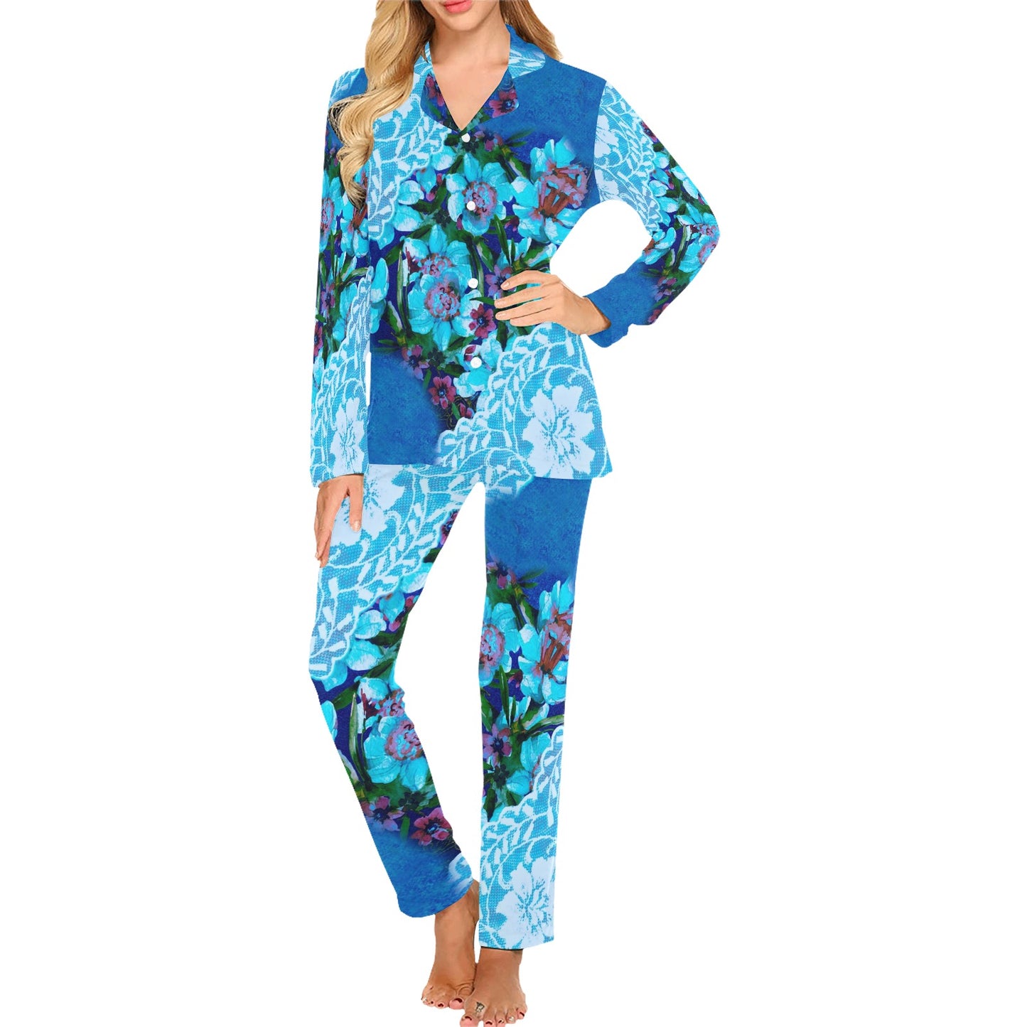 Victorian printed lace pajama set, design 49 Women's Long Pajama Set (Sets 02)
