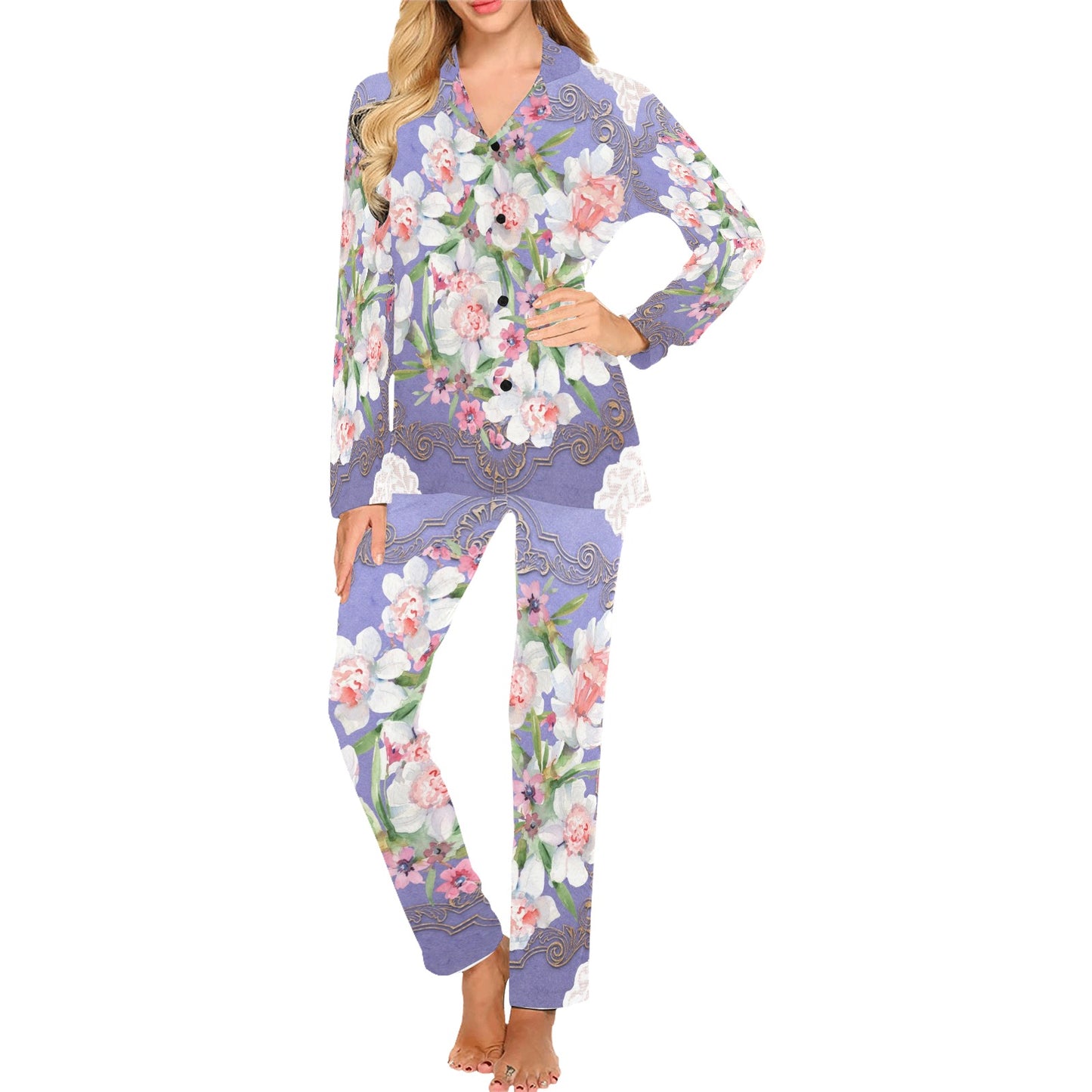 Victorian printed lace pajama set, design 47 Women's Long Pajama Set (Sets 02)