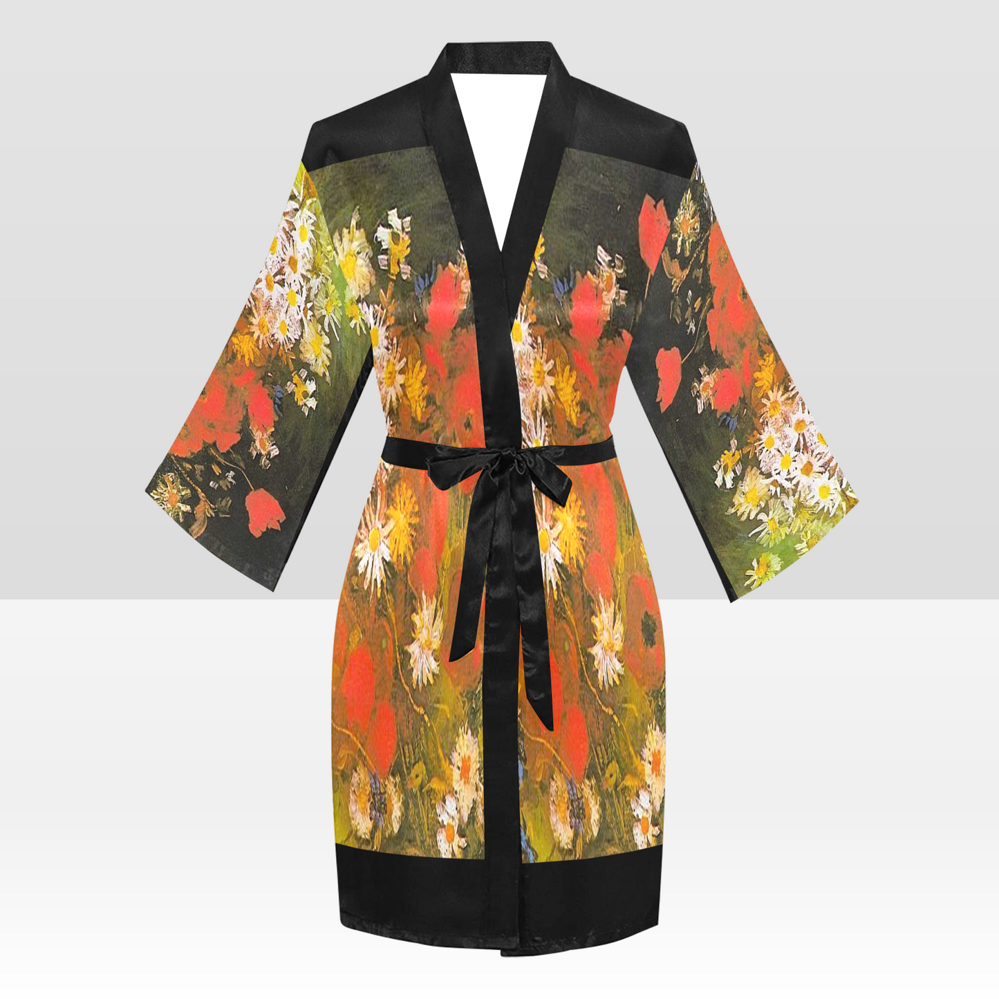 Vintage Floral Kimono Robe, Black or White Trim, Sizes XS to 2XL, Design 60