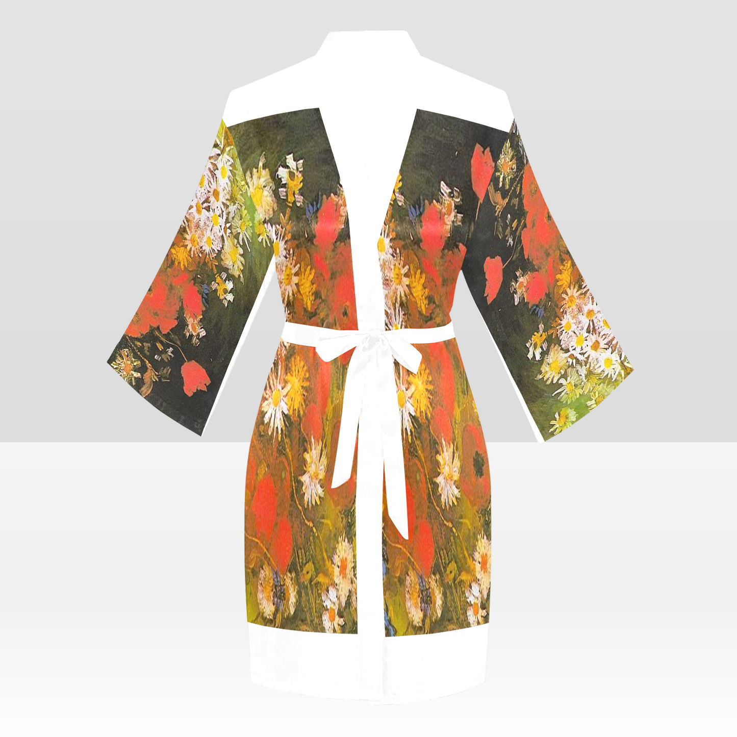 Vintage Floral Kimono Robe, Black or White Trim, Sizes XS to 2XL, Design 60