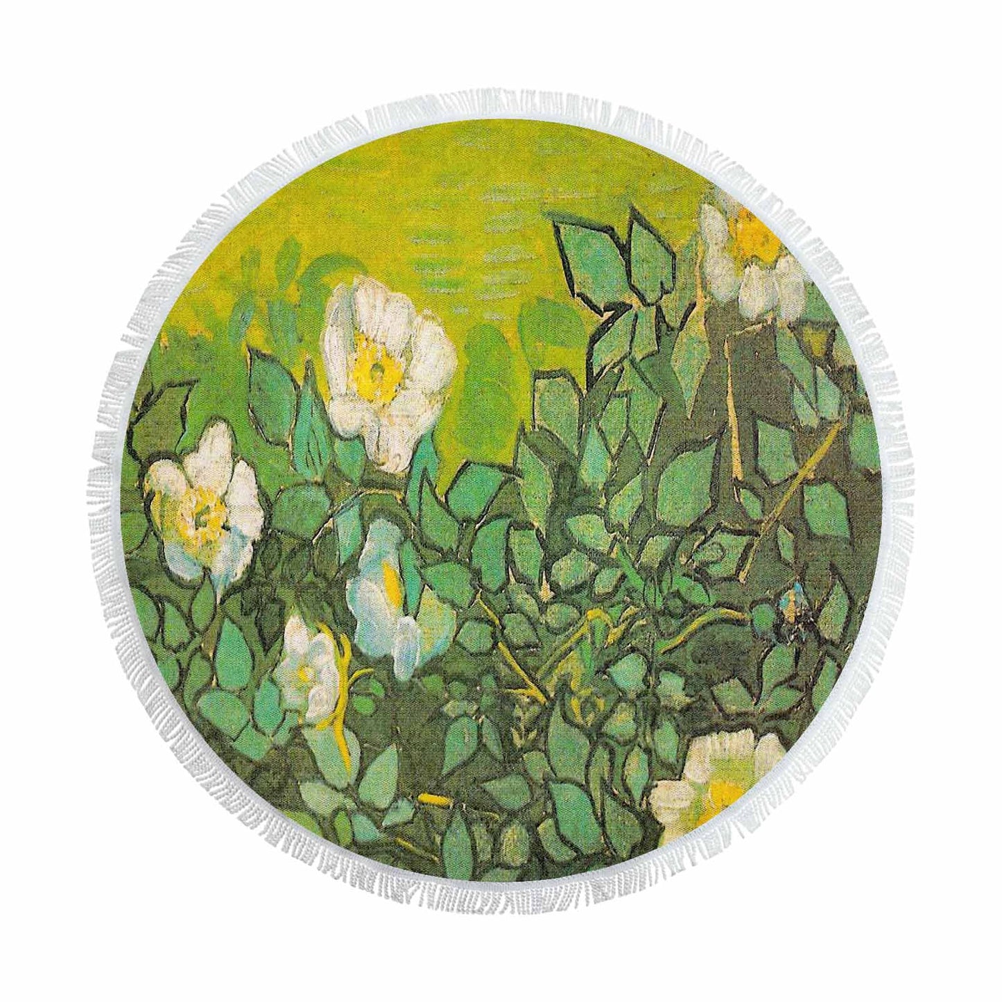 Vintage Floral circular plush beach towel, fringe edges, Design 01