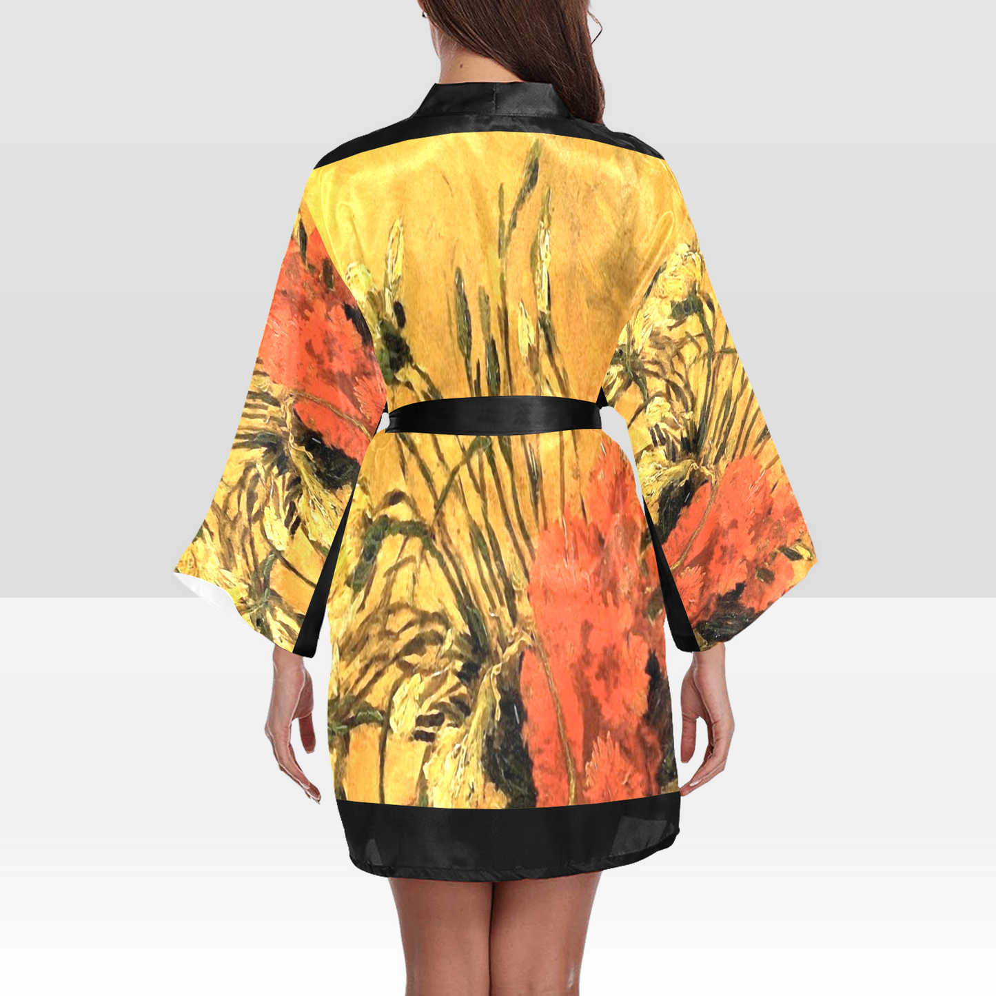 Vintage Floral Kimono Robe, Black or White Trim, Sizes XS to 2XL, Design 61