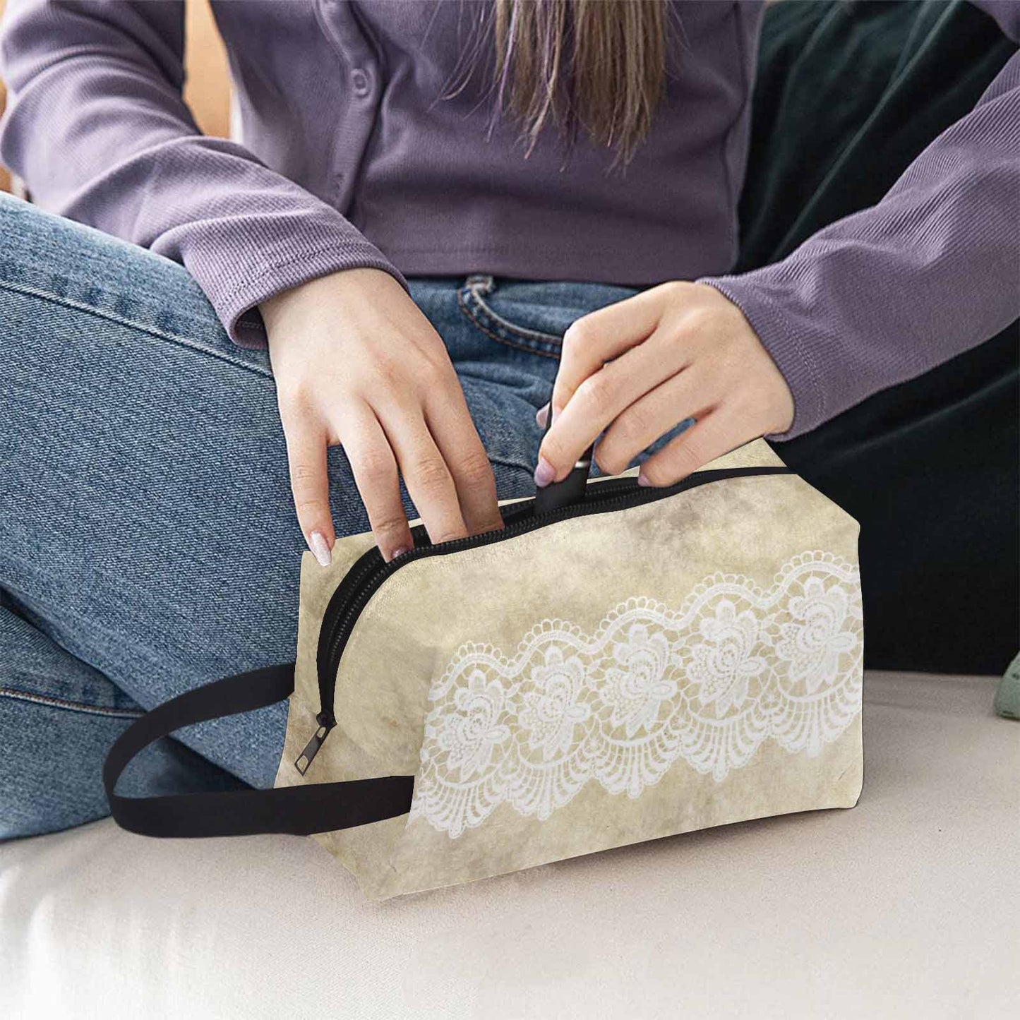 Victorian lace print toiletry comestic bag, design 28