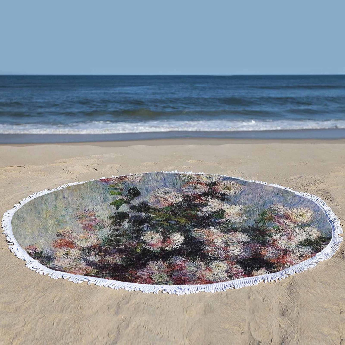Vintage Floral circular plush beach towel, fringe edges, Design 44