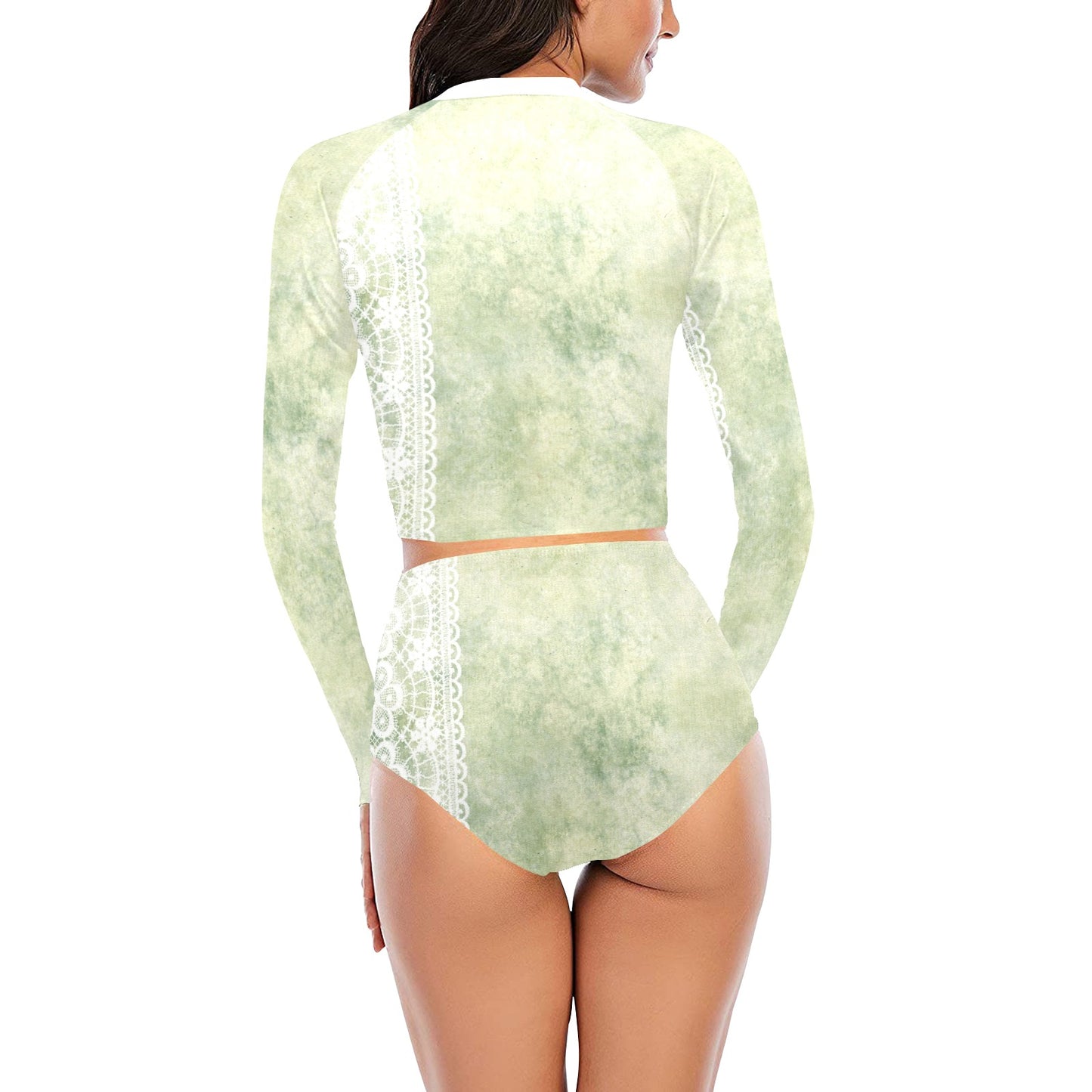 Victorian printed lace, long sleeve 2pc swimsuit, beachwear, design 42 Long Sleeve Bikini Set (Model S27)