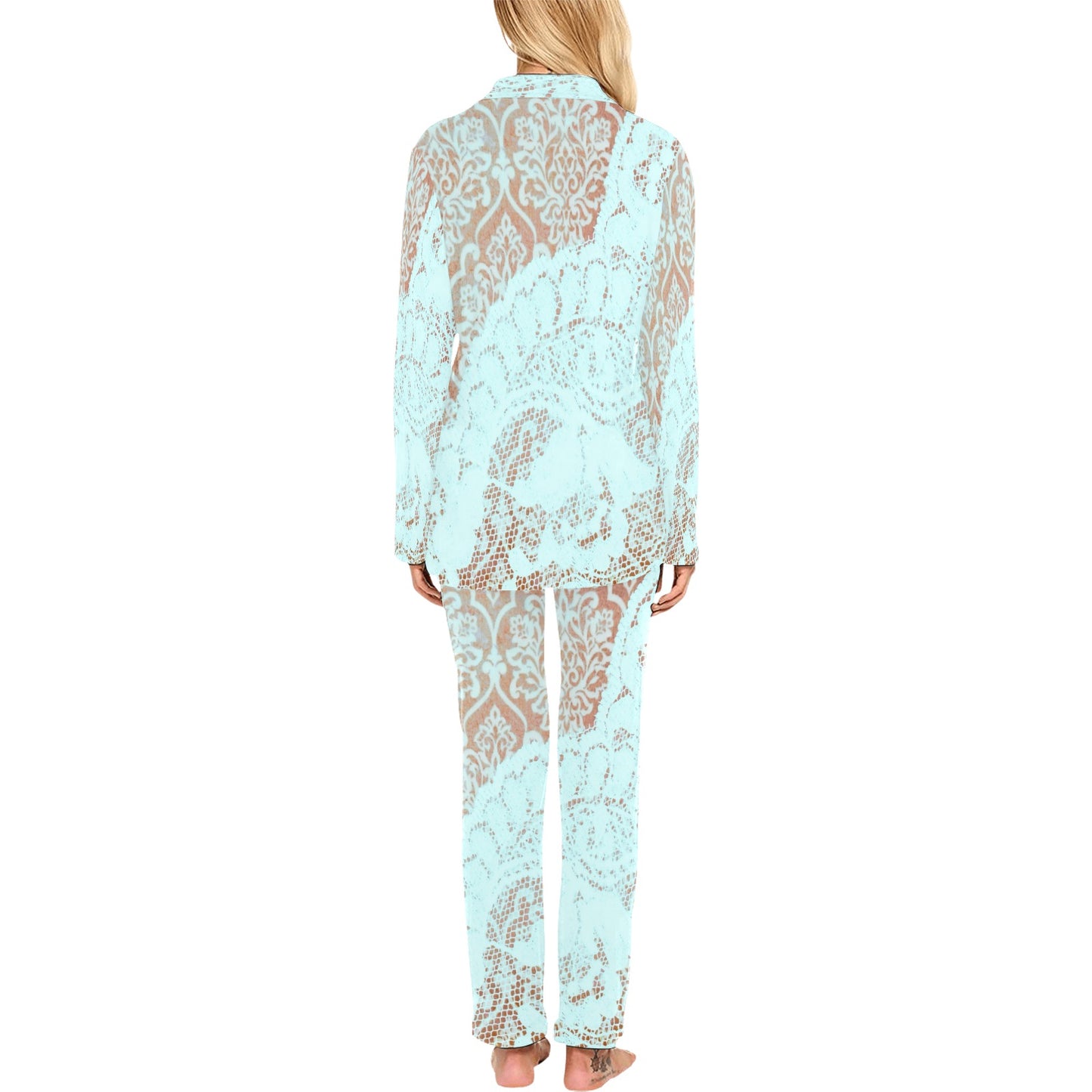 Victorian printed lace pajama set, design 23 Women's Long Pajama Set (Sets 02)