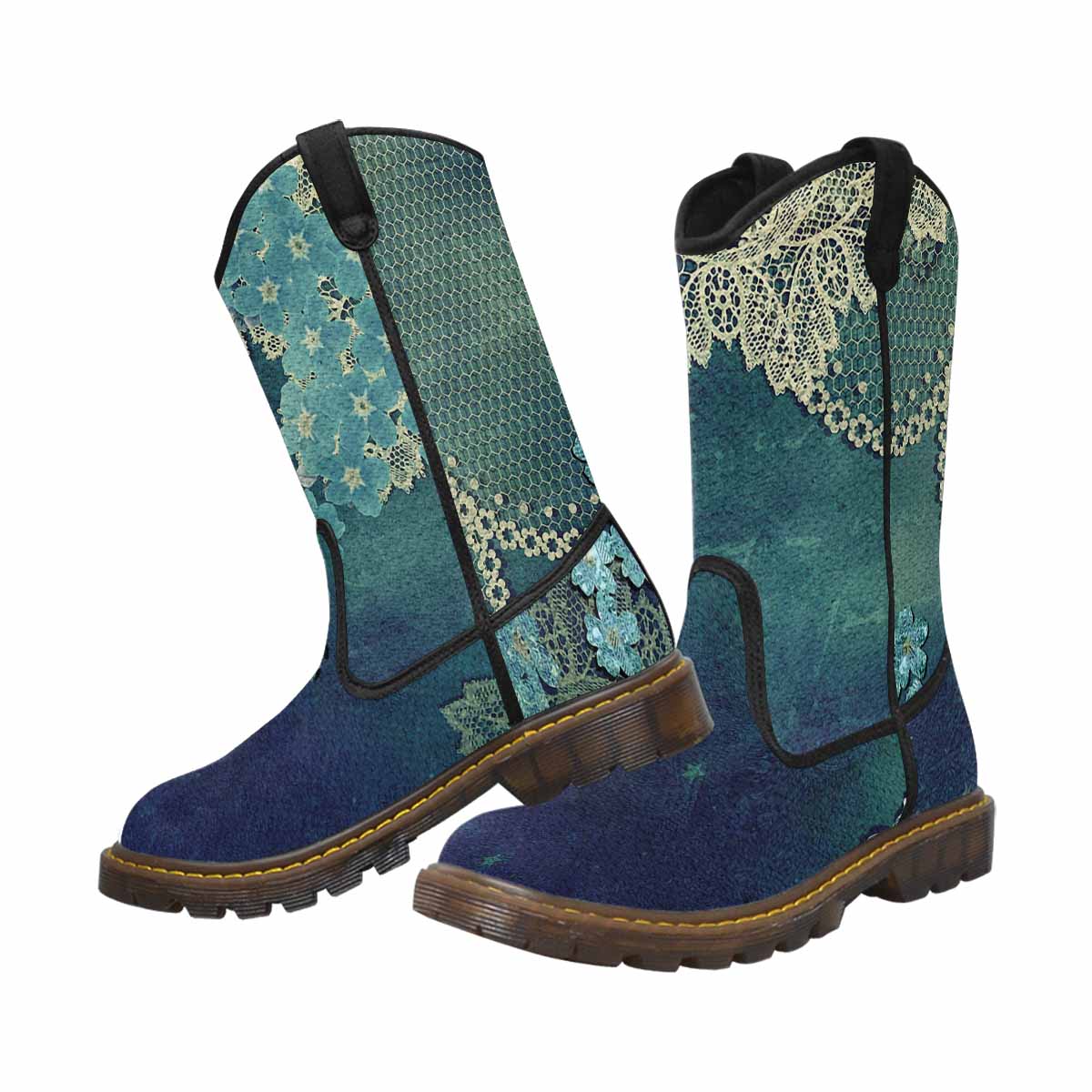 Victorian lace print, western lumber boots, design 04