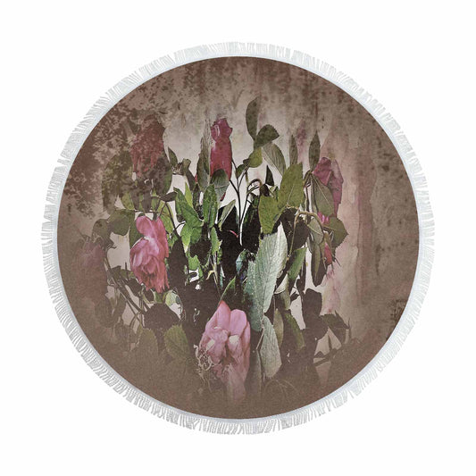 Vintage Floral circular plush beach towel, fringe edges, Design 22x