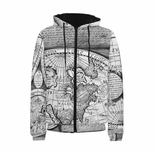 Antique Map design, mens lightweight, warm, quilted hooded bomber jacket, design, 29