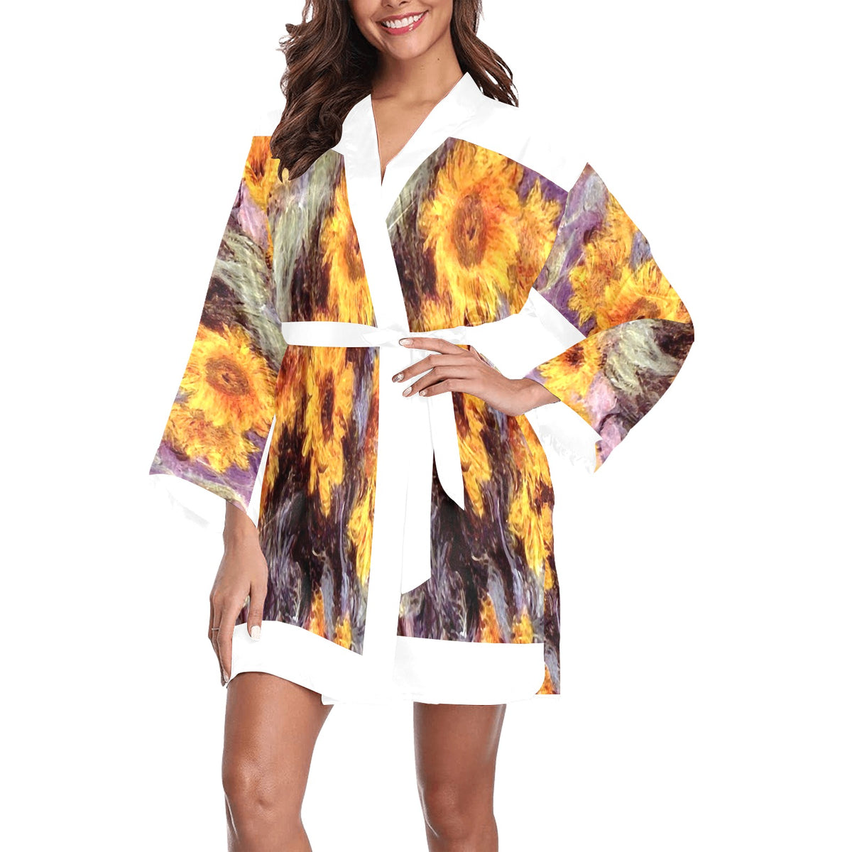 Vintage Floral Kimono Robe, Black or White Trim, Sizes XS to 2XL, Design 49