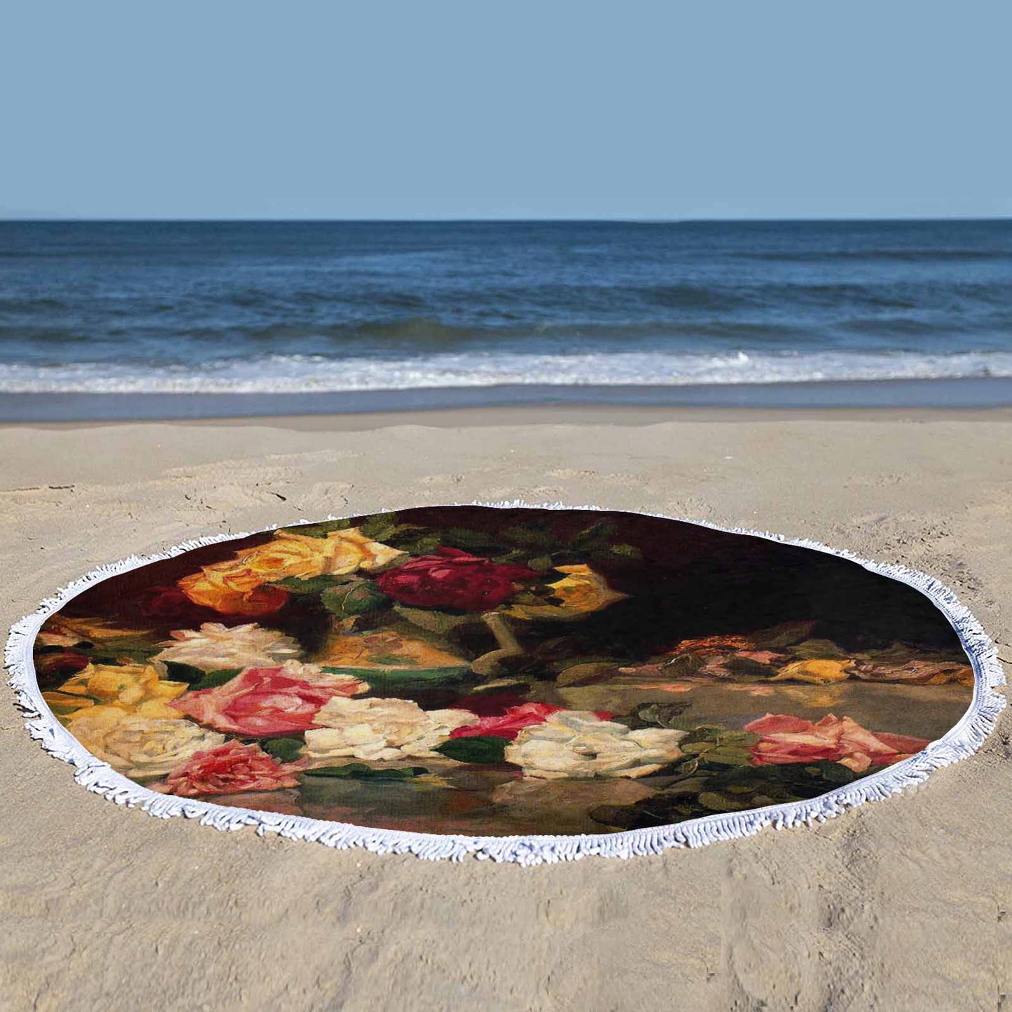 Vintage Floral circular plush beach towel, fringe edges, Design 37