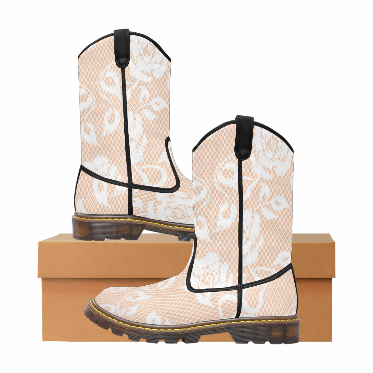 Victorian lace print, western lumber boots, design 16
