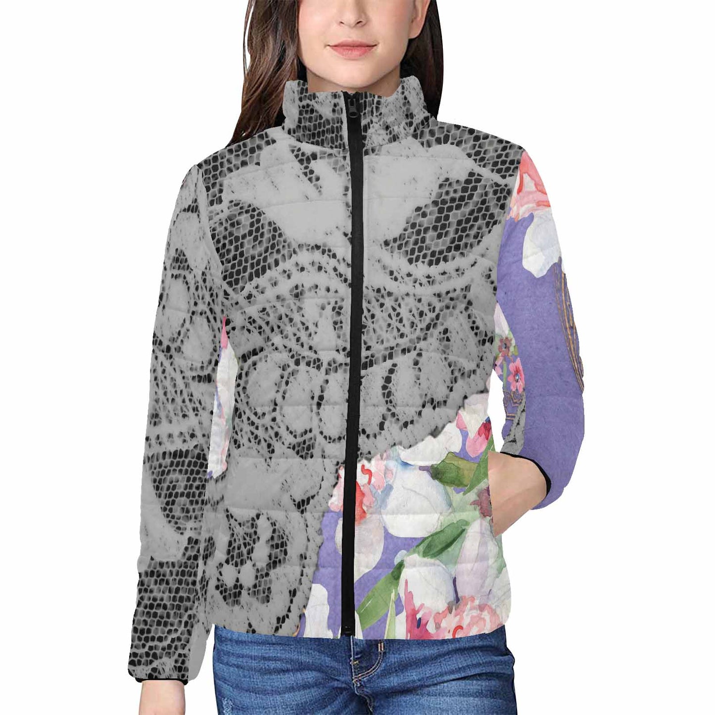 Victorian Lace print womens padded quilted jacket, design 45