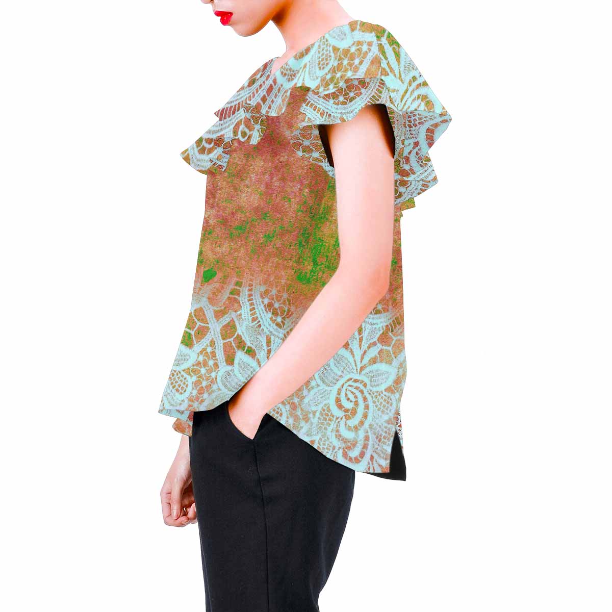 Victorian Lace print Chiffon Blouse, design 31