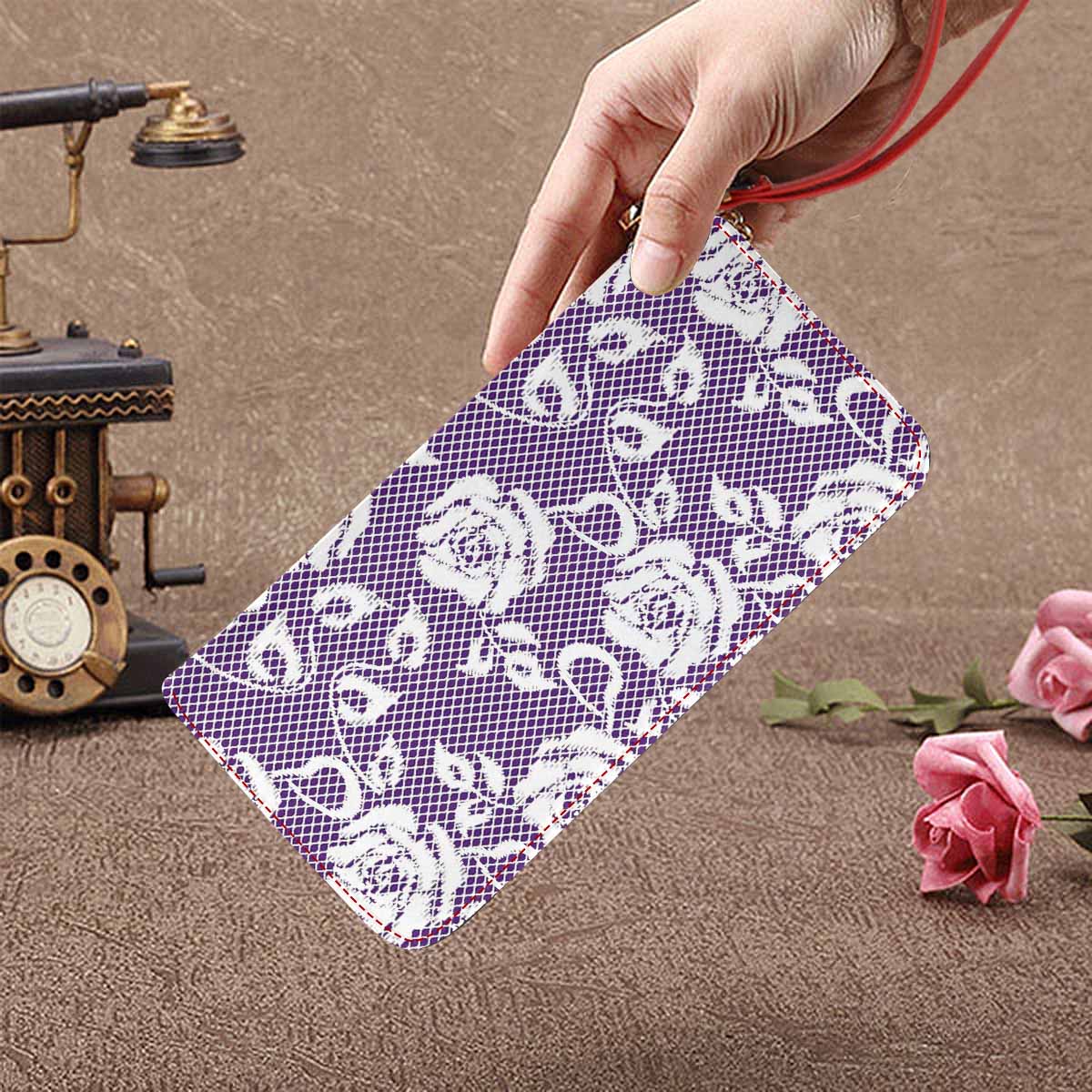 Victorian lace print womens wallet, clutch purse, red trim, design 18