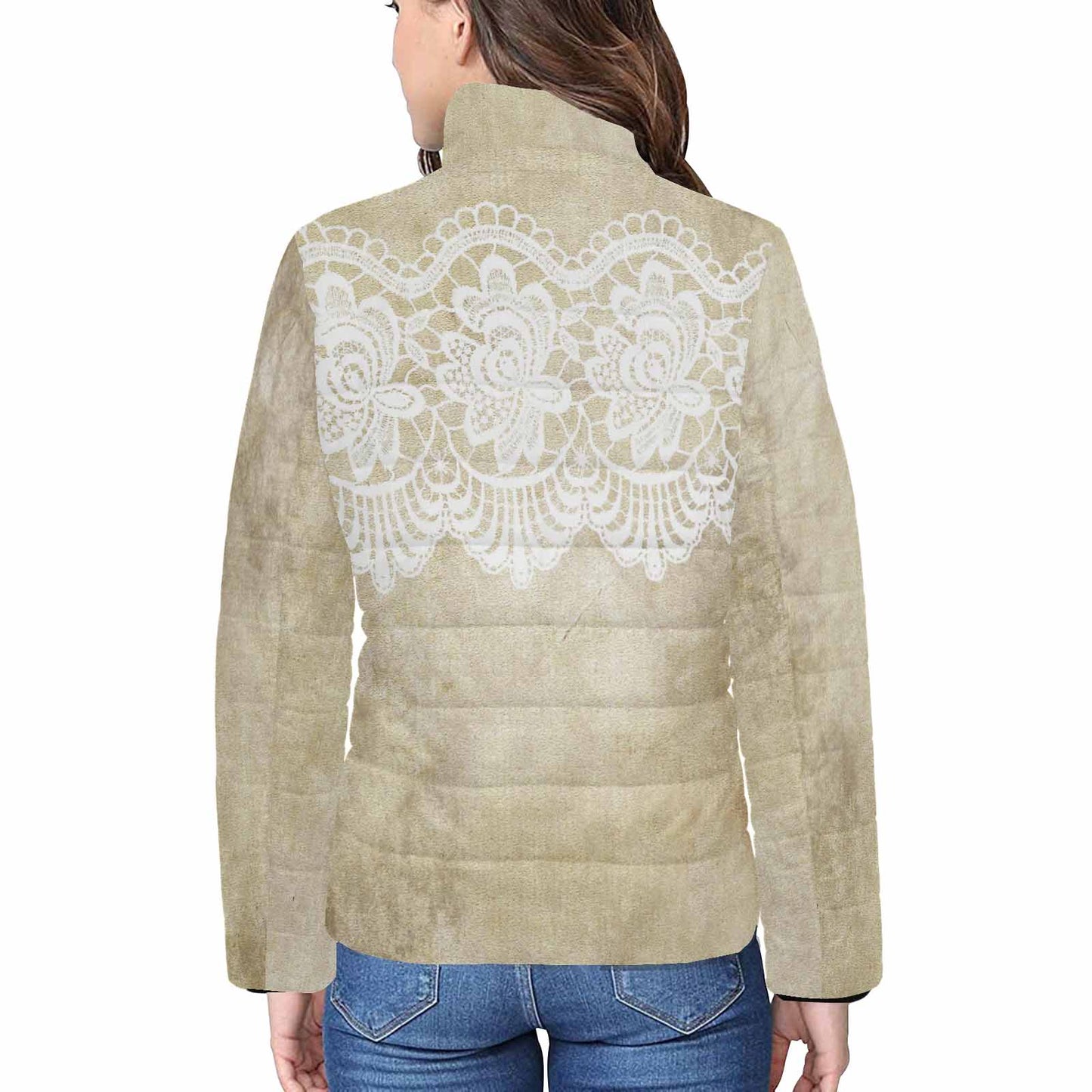 Victorian Lace print womens padded quilted jacket, design 28