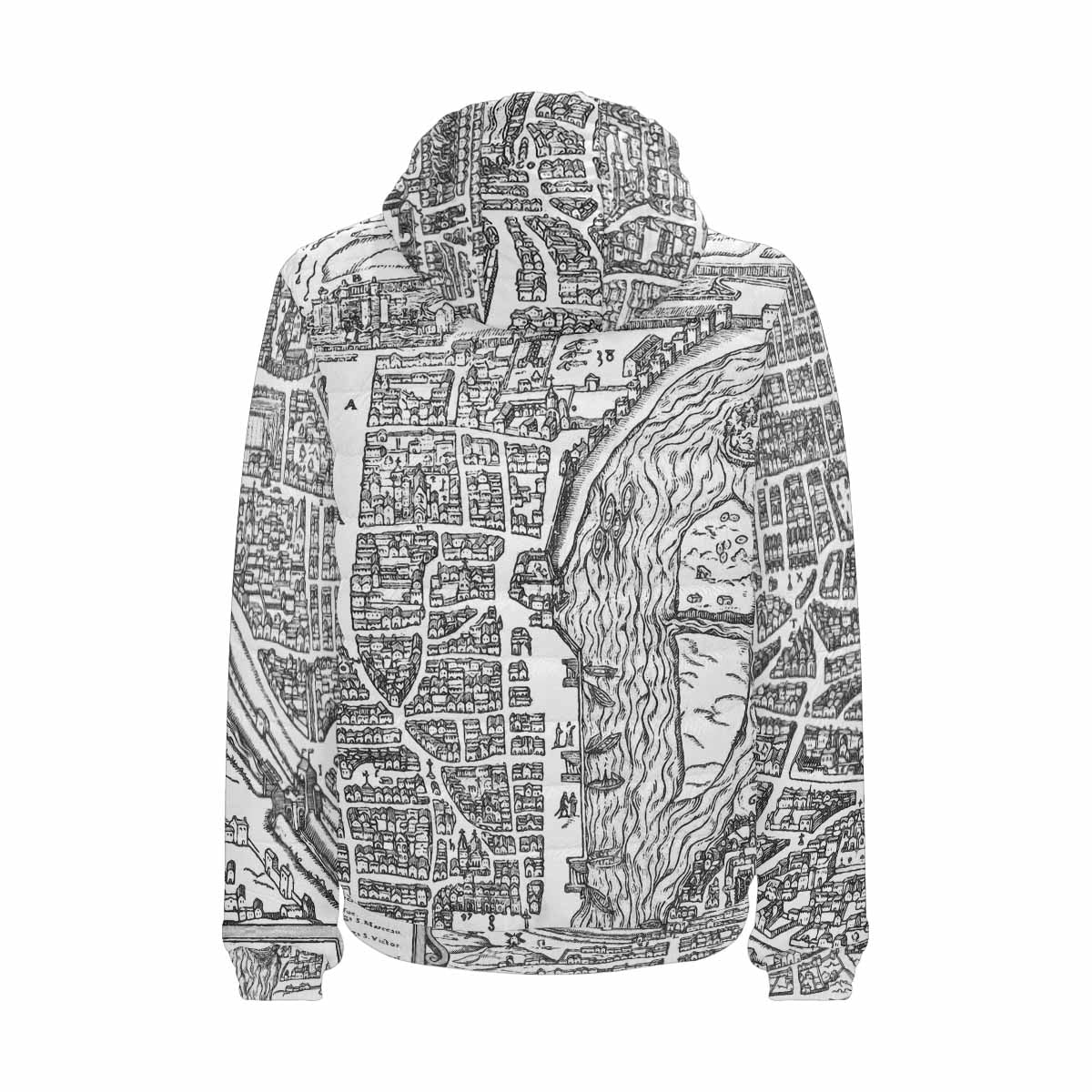 Antique Map design, mens lightweight, warm, quilted hooded bomber jacket, design, 47