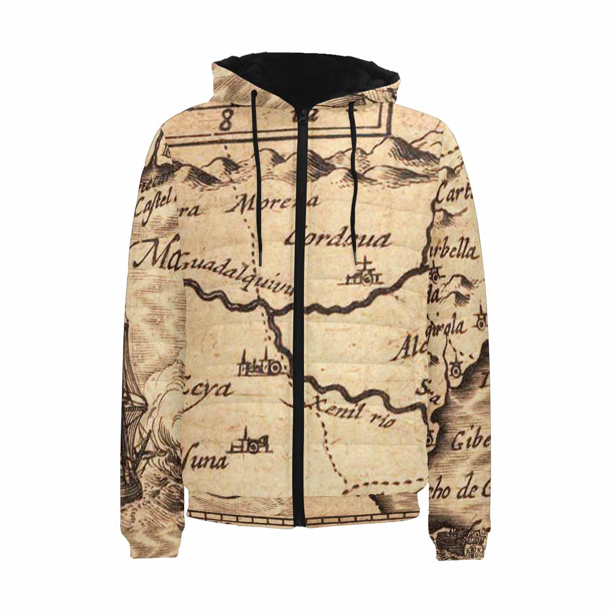 Antique Map design, mens lightweight, warm, quilted hooded bomber jacket, design, 25