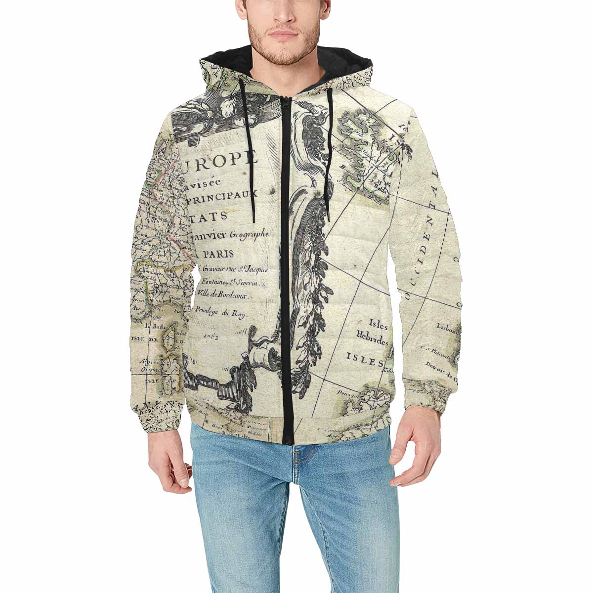 Antique Map design, mens lightweight, warm, quilted hooded bomber jacket, design, 3