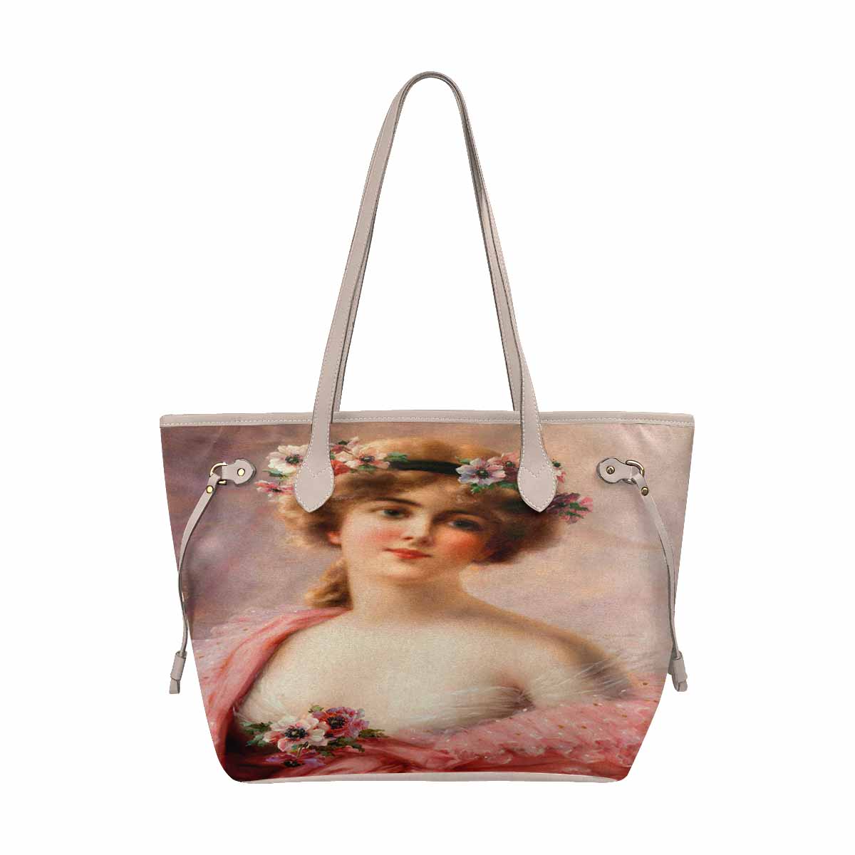 Victorian Lady Design Handbag, Model 1695361, Young Girl With Anemones, BEIGE/TAN TRIM