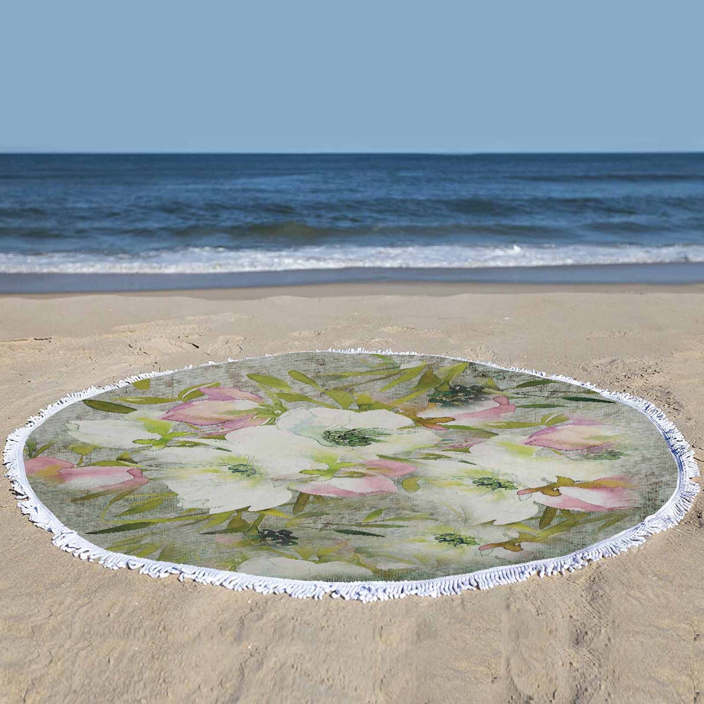Vintage Floral circular plush beach towel, fringe edges, Design 03