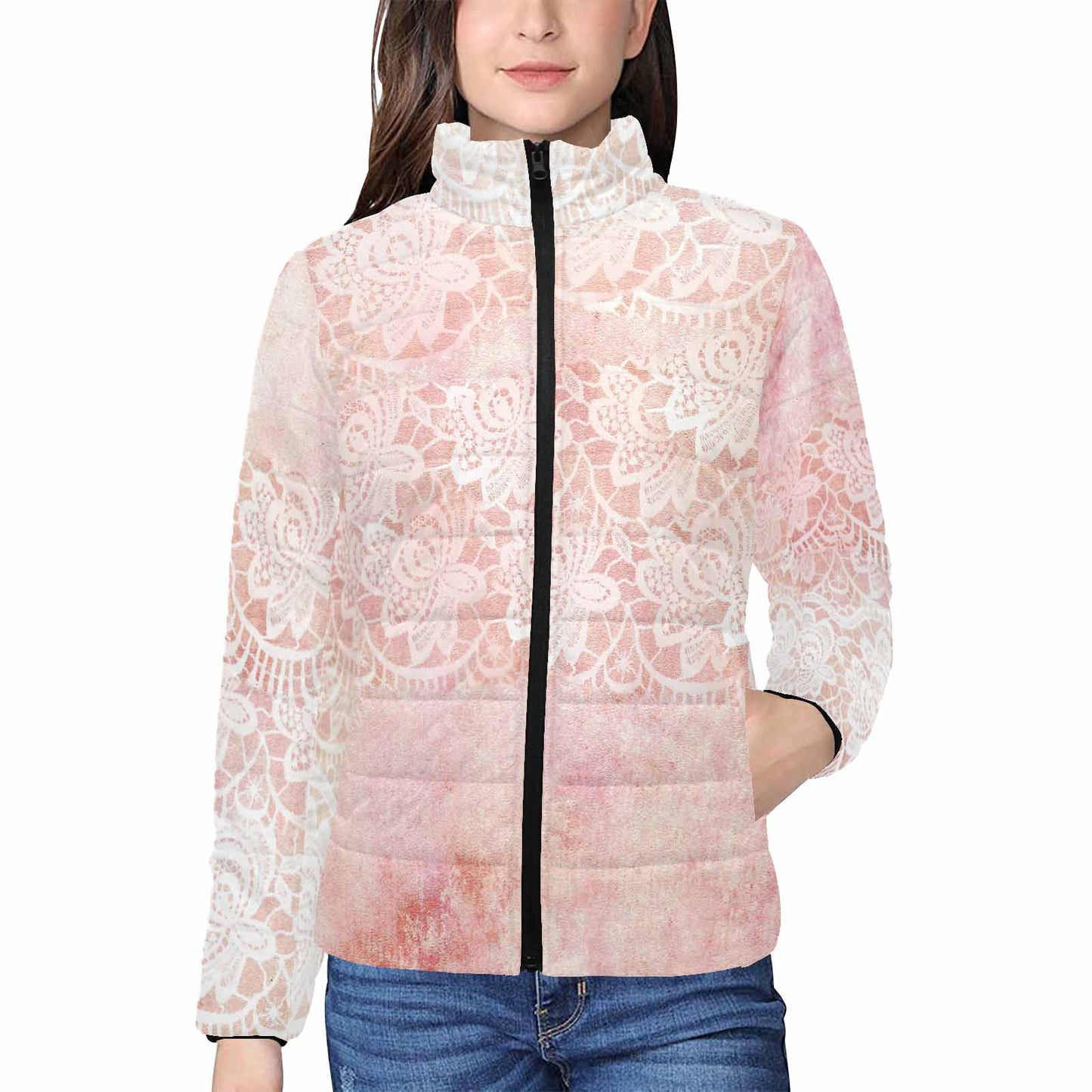 Victorian Lace print womens padded quilted jacket, design 38