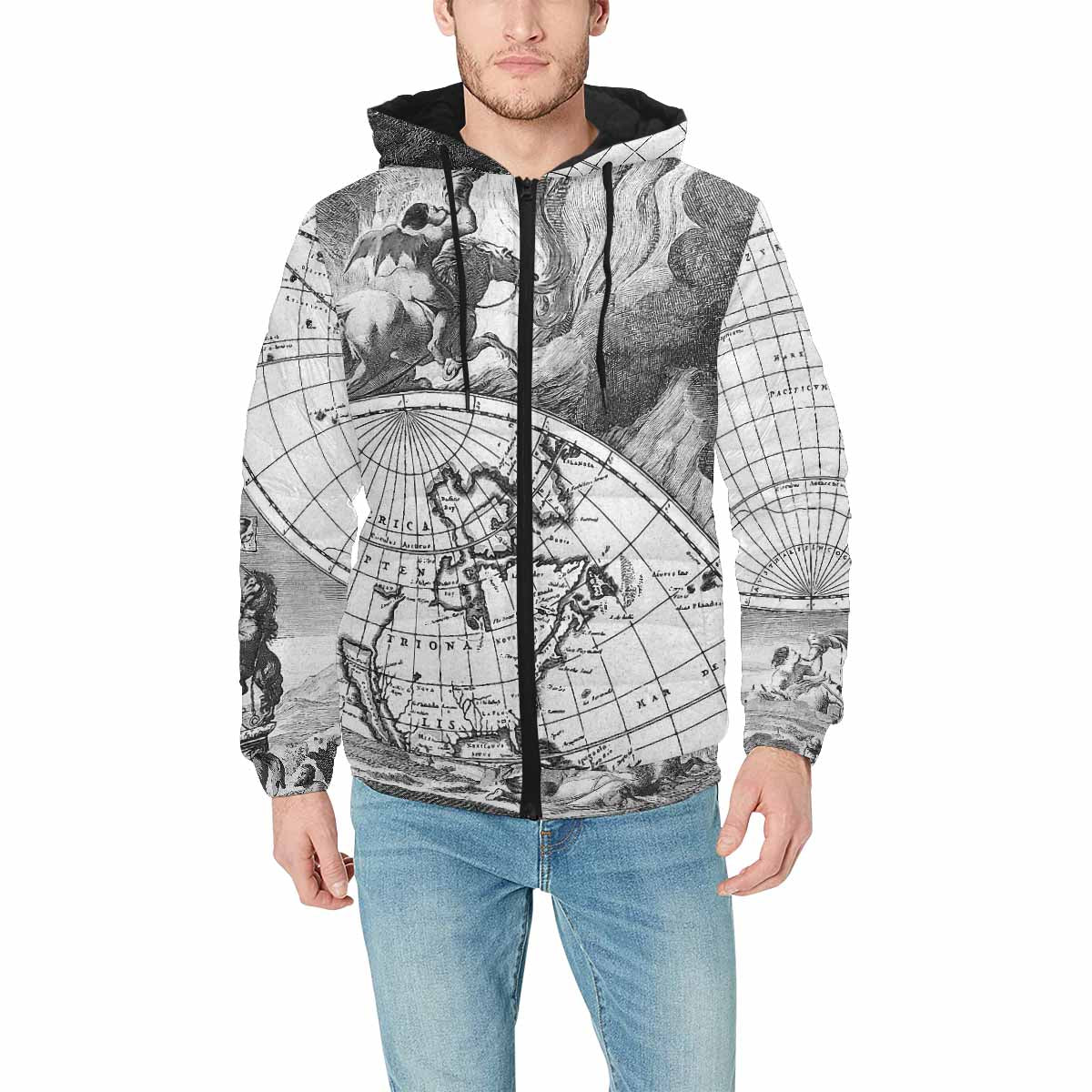 Antique Map design, mens lightweight, warm, quilted hooded bomber jacket, design, 17